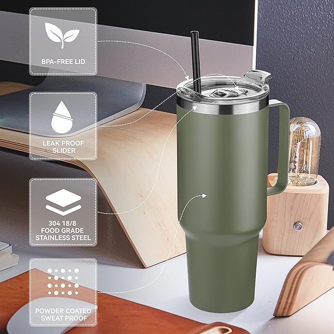 HASLE OUTFITTERS 40 oz Stainless Steel Tumbler with Handle, Vacuum Insulated Tumblers Bulk, Reusable Double Wall Travel Coffee Mug, Durable Powder Coated Water Bottle(Army Green, 1) - Bloomnest