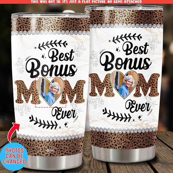 WAZONE Personalized Best Bonus Mom Ever Gifts Tumbler Cups From Daughters For Mommy Mothers Customized Photo With Lid 20 30 Oz Presents Idea Birthday Christmas Mothers Day Anniversary - Bloomnest