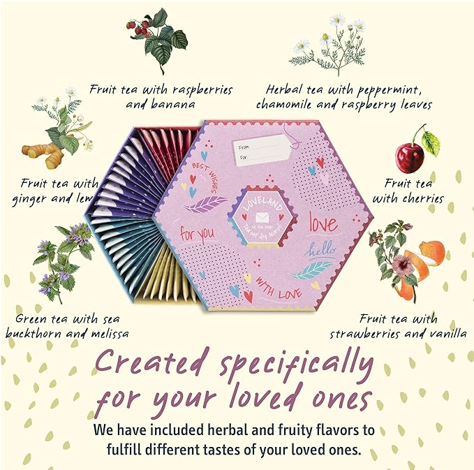 ACORUS | Loveland Tea Set | Natural Assorted Tea Hamper Box | Set of 6 flavors | Surprise your loved ones | Valentines box | Large Selection Box | Tea Gift Sets | 60 Tea Bags - Bloomnest