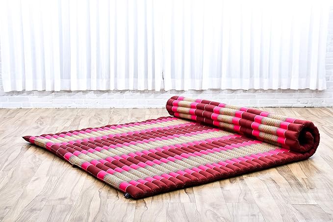 Leewadee - Foldable Floor Mattress - Japanese Roll Up Futon -Trifold Tatami Mat- Guest Floor Bed - Camping Mattress - Thai Massage Mat, Kapok Filled, 75 x 57 inches, Auburn Pink - Bloomnest