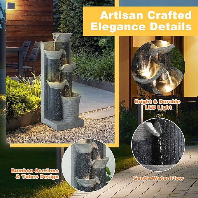MAGIC UNION Outdoor Water Fountain, 5 Tiers Cascading Waterfall Indoor Water Feature Garden Decor with LED Lights, Patio Resin Fountains for Yard, Deck, Porch and Home, Bamboo Element (Gray) - Bloomnest