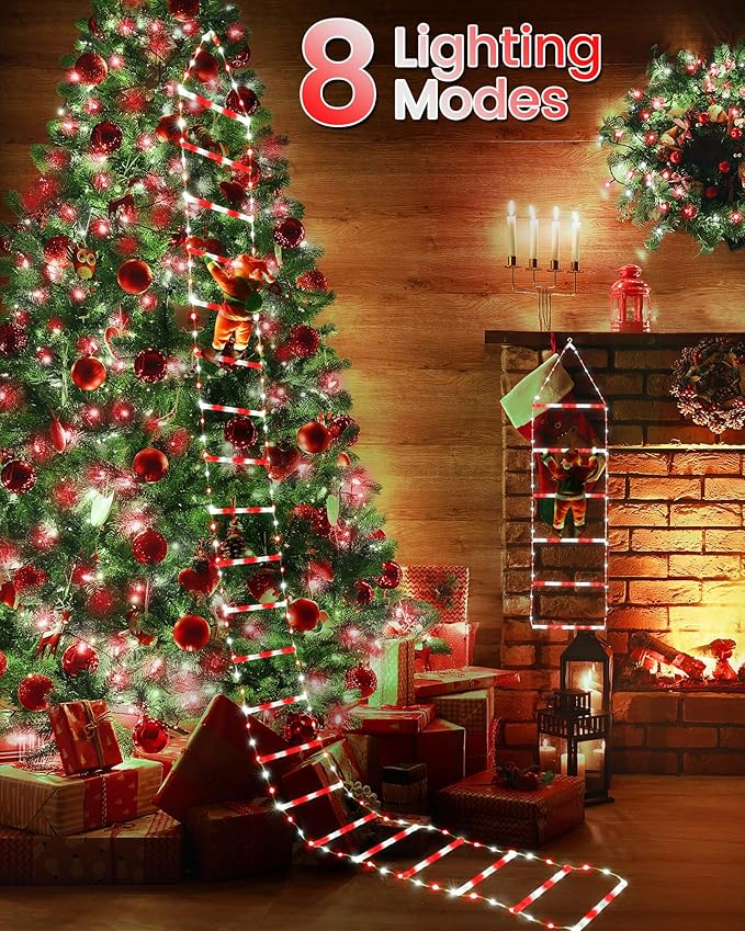 Toodour LED Christmas Lights - 10ft Christmas Decorative Ladder Lights with Santa Claus, Xmas Decorations Light for Indoor Outdoor, Window, Garden, Home, Wall, Xmas Tree Decor - White & Red - Bloomnest