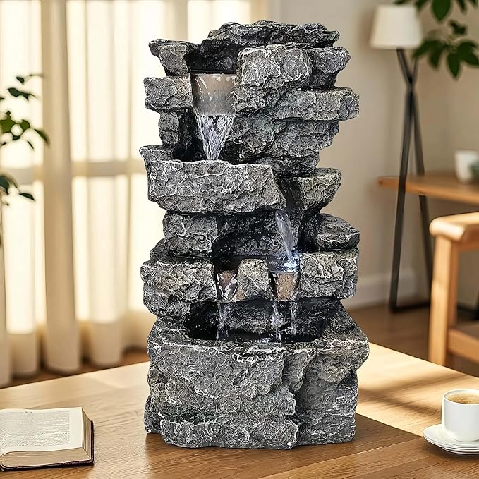Tabletop Rock Waterfall Fountain with Led Lights - Indoor Decorative Desk Water Fountain, Multi-Tier Design, Quiet and Soothing, 6.29" l x 4.33" w x 11.02" h