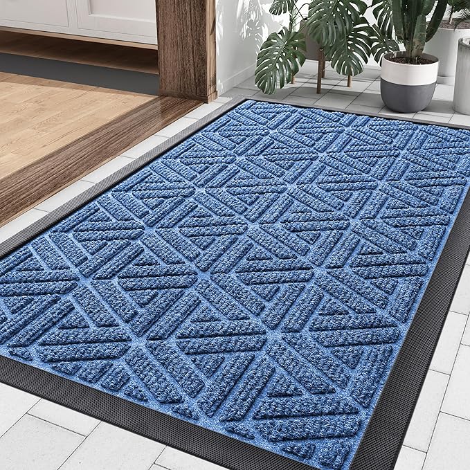Smiry Front Door Mat Outside Entrance, Heavy Duty Sturdy Natural Rubber Doormat, Trap Dirt and Moisture, Easy Clean Low Profile Mats for Indoor Outdoor Entry, Grid Geometric (29.5x17, Blue) - Bloomnest
