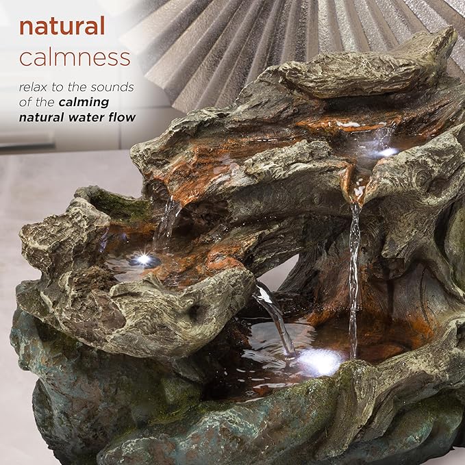 Alpine Corporation WIN1334 10" Tall Tabletop 3-Tier Waterfall Rock Fountain with LED Lights, Indoor Decorative Water Feature for Desk, Table, Office, and Home, Brown - Bloomnest