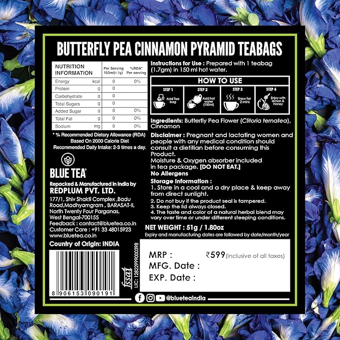BLUE TEA - Butterfly Pea Flower Tea - Cinnamon - 30 Count - Pyramid Plant Based Tea Bag | Gokarna | ANTIOXIDANT RICH | Herbal Tea - Caffeine Free - Flower Based - Vegan - Non-Bitter | Tin Pack - Bloomnest