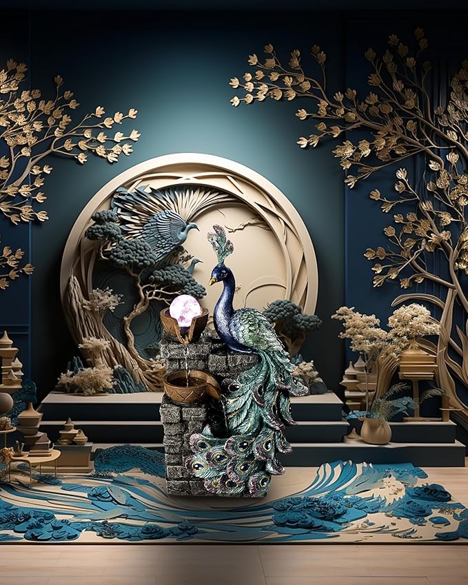 Tabletop Water Fountain Decor, Peacock with LED Glass Color Changing Globe,Relaxation Decorative Desktop Water Zen Fountain for Home/Office,Living Room Décor.13.78" Tall