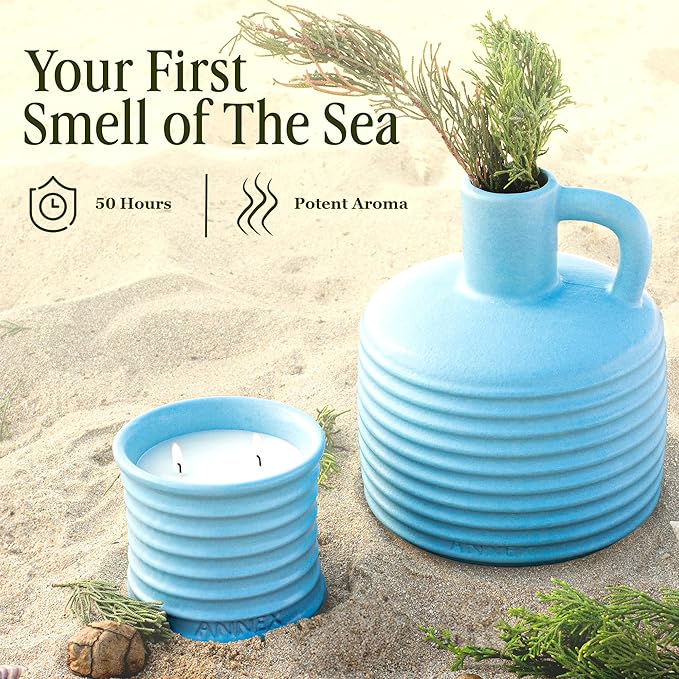 Scented Luxury Candles in Handmade Ceramic Jars, Soy Wax | Day On The Sea – Cypress & Cedar, Large Candle | Non Toxic, 2 Wicks, Reusable Big Blue Jar | Natural Spring Aromatherapy for Women & Men - Bloomnest