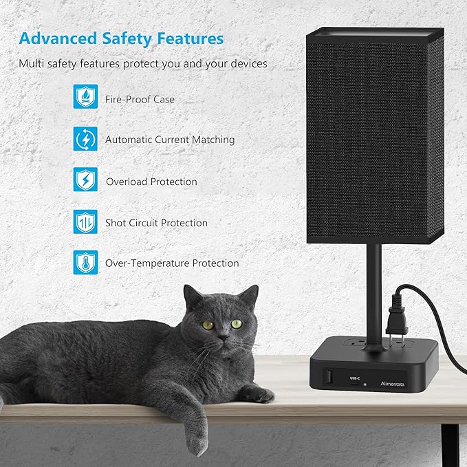Bedside Table Lamp with Touch Control & USB C+A Charging Ports LED Desk Lamp with 2 AC Outlets, Minimalist Nightstand Light with Black Fabric Shade for Bedroom, Living Room, Office, Black - Bloomnest