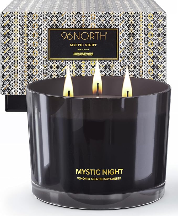 96NORTH Luxury Black Candle | Large 3-Wick Jar Candle | Up to 40 Hours Burning Time | 100% Natural Soy Wax | Relaxing Aromatherapy Aesthetic Candle | Housewarming Gift for Men and Women - Bloomnest