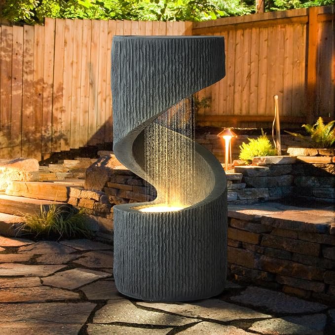 31.9" Outdoor Garden Water Fountain, S-Shaped Cascading Fountains and Waterfalls with LED Lights & Splash-Proof Net, Indoor/Outdoor Floor Standing Water Feature for Patio, Backyard, Home Decor - Bloomnest