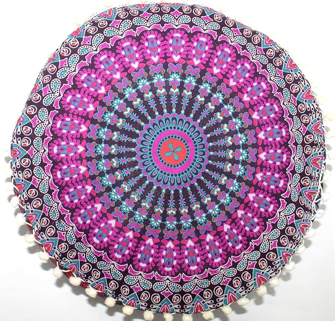 INDIAN CRAFT CASTLE ICC Mandala Barmeri Large Floor Pillow Cover Cushion Meditation Seating Ottoman Throw Cover Hippie Decorative Zipped Bohemian Pouf Ottoman Cases Pink Peacock 16" Round - Bloomnest