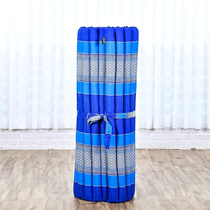 Leewadee - Kapok Roll Mat – Handcrafted Folding Sleep & Relaxation Mattress from Thailand, Ideal as Guest Bed, Camping Mat, Yoga Mat or Traditional Futon, 75 x 39 inches, Blue - Bloomnest