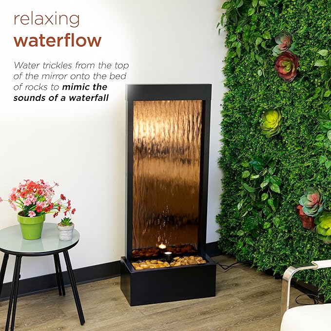 Alpine Corporation - Mirror Waterfall Fountain with Stones & Lights - Zen Indoor/Outdoor Decor for Office, Living Room, Patio, Entryway - 48 Inches (Bronze) - Bloomnest