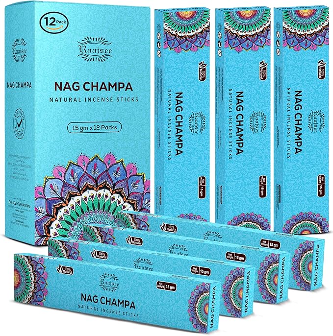 Raajsee Nag Champa Incense Sticks (180 gm), 100% Pure Organic Natural Hand Rolled Free from Chemicals - Nag Champa Incense is Perfect for Aromatherapy, Cleansing, Meditation (Pack of 12) - Bloomnest