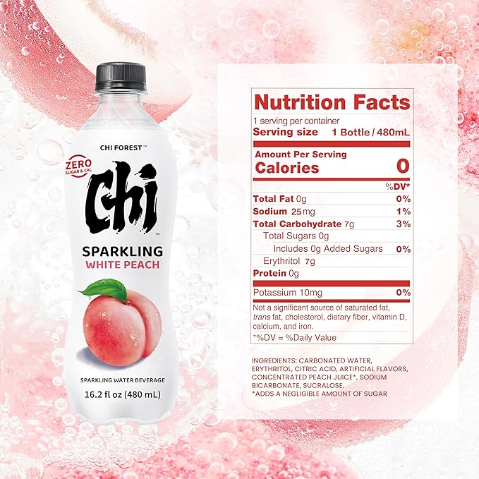 CHI FOREST Flavored Sparkling Water Beverage, White Peach, Zero Sugar, 16.2 fl oz Bottles (pack of 15) - Bloomnest