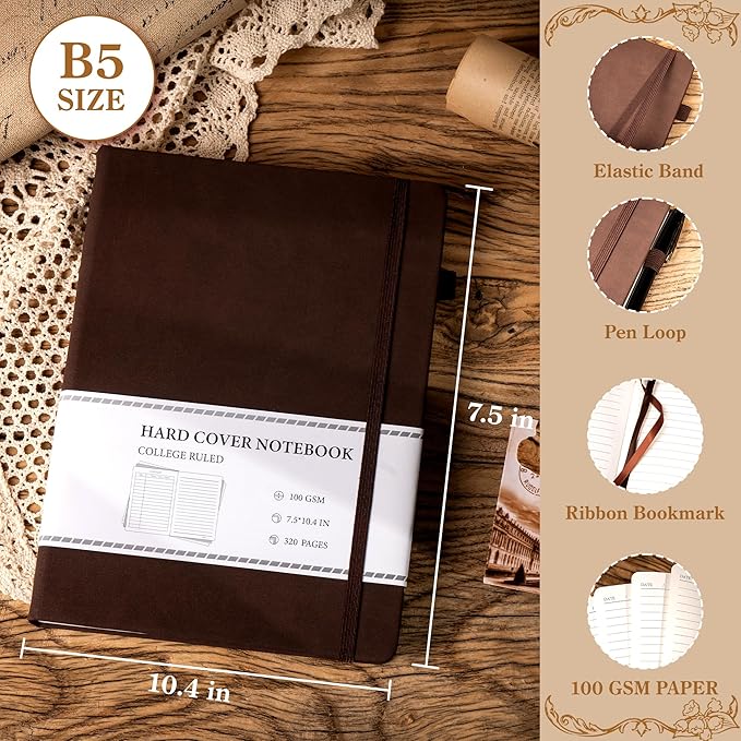 CAGIE B5 Journal Notebook for Men Women 320 Pages 100 GSM Paper Vintage Journaling Notebooks A5 Hardcover Leather Journals for Writing Travel Work Note Taking Diary, 7.6x10 in, Dark Brown - Bloomnest