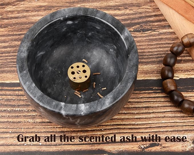 Natural Marble Incense Holder with Brass 9 Holes Incense Stick Holder, Incense Burner ash Catcher, for Meditation Incense Burning, Easily Grab Incense Ash (Black), XL-01 - Bloomnest