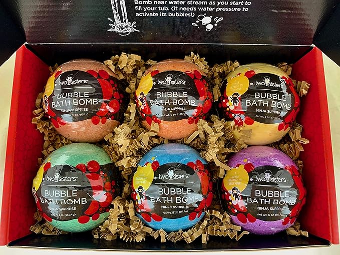 Ninja Kids Bath Bombs with Surprise Toy Inside (6 Pack) - Large Red Bubble Bomb and Fizzies, Gentle and Safe, USA Made - Ideal Gift for Boys and Girls by Two Sisters - Bloomnest