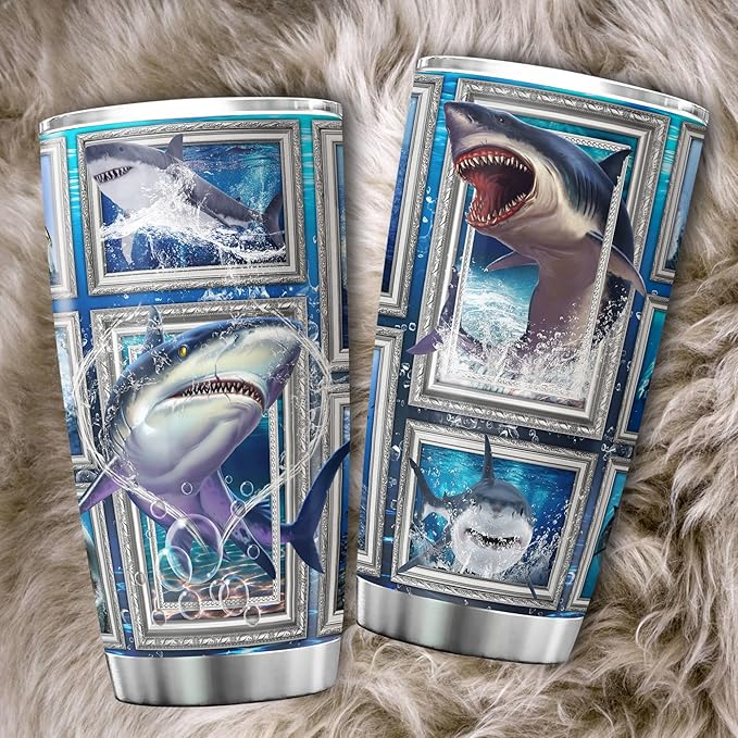 Shark Tumbler Cup With Lid Blue Ocean Themed Coffee Mugs For Women Sharks Underwater Sea Animal Print Tumblers Stainless Steel 20 Oz Holiday Christmas Gift Cool Shark Things - Bloomnest