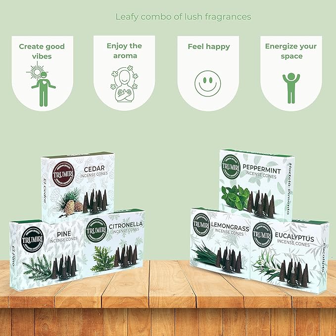 TRUMIRI Leafy Incense Cones - Variety Pack - Total 60 Cone Incense (6 Scents x 10 Conos) - Citronella Lemongrass Eucalyptus Peppermint Cedar Pine - Cone Incense Scents - Insense Cones - Incent Cone