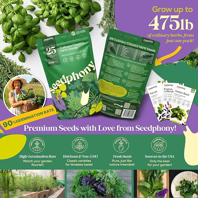 25 Culinary Herb Seeds Variety Pack - 13,055+ Non-GMO Heirloom Herbs Seeds for Planting Indoor & Outdoor: Rosemary, Basil, Catnip, Cilantro, Dill, Parsley, Oregano, Thyme, Mint, Tarragon, Lavender - Bloomnest