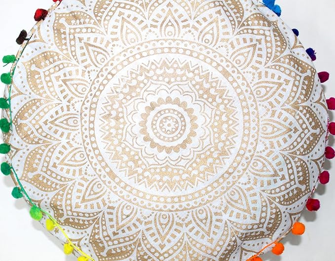 ICC Floor Pillows & Cushion covers Decorative Hippie Mandala Pouf Pillow covers Seating Meditation Cushion Cover Large Boho Ottoman Case Pillowcase Couch White Gold Ombre 16" Round - Bloomnest