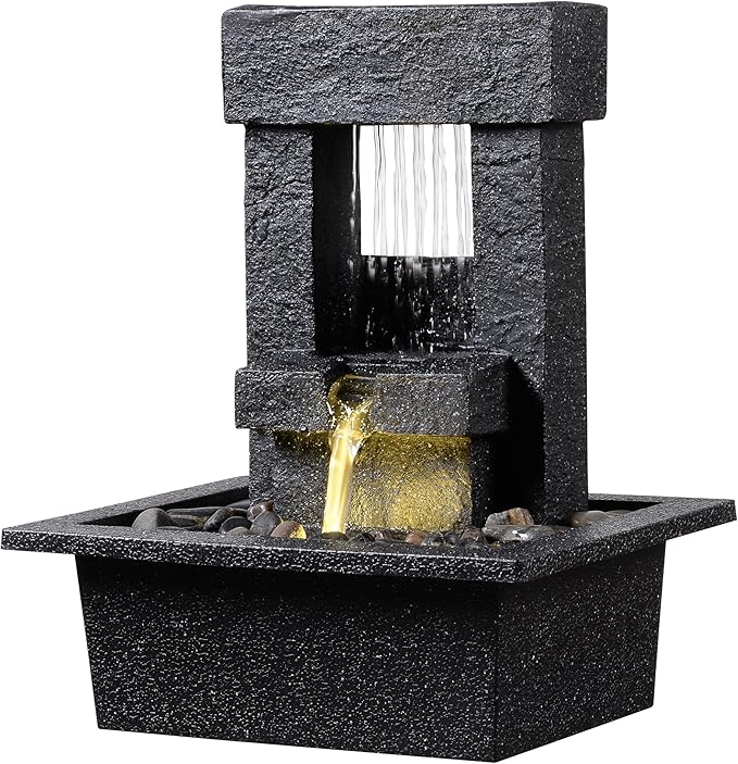 Indoor Tabletop Water Fountain with LED Light – Modern Black Desk Waterfall Feature with Soothing Sounds and River Rocks, Relaxation Zen Decor for Home Office Bedroom - Bloomnest