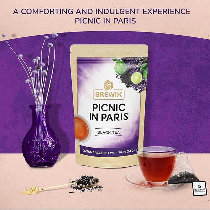 BREWIX, Earl Grey with Lavender Tea, Picnic in Paris Black Tea (25 Pyramid Tea Bags) | Black Tea with Bergamot, Lavender and Vanilla Notes | Gourmet Tea - Bloomnest