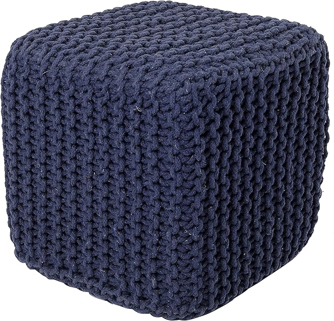 REDEARTH Square Hand Knitted Pouf - Foot Stool Ottoman Coffee Table - Cotton Cord Boho Pouffe - Poof Accent Footrest for Living Room - Bedroom - Library (16" x 16" x 16") - Navy Blue - Bloomnest