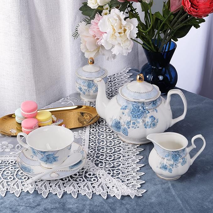 fanquare Blue Flowers Porcelain Tea Set, Tea Cup and Saucer Set Service for 6, Wedding Tea Set with Sugar Bowl Cream Pitcher, Floral Coffee Set for Tea Party - Bloomnest