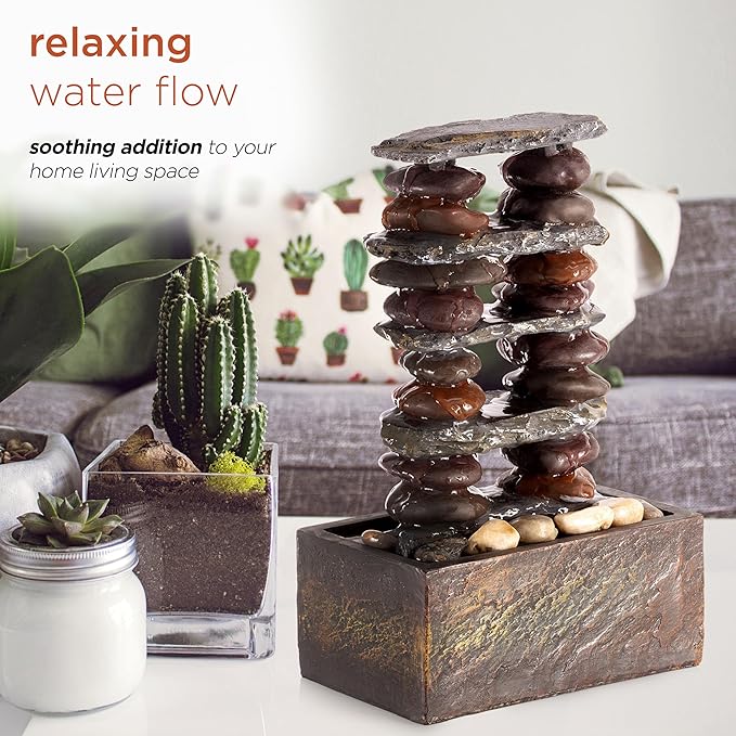 Alpine Corporation TT8002 Indoor/Outdoor Tabletop Stacked Rocks Eternity Fountain, Modern Rocks Tabletop Fountain 12", Brown - Bloomnest