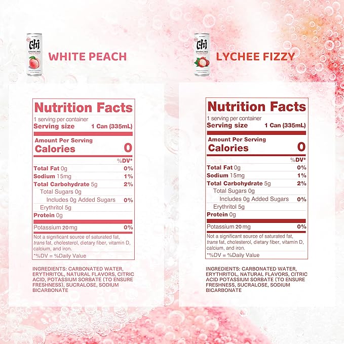 CHI FOREST Sparkling Water Beverage, Lychee & White Peach, 2 Flavors, Zero Sugar, 12 fl oz Cans (Pack of 24) - Bloomnest