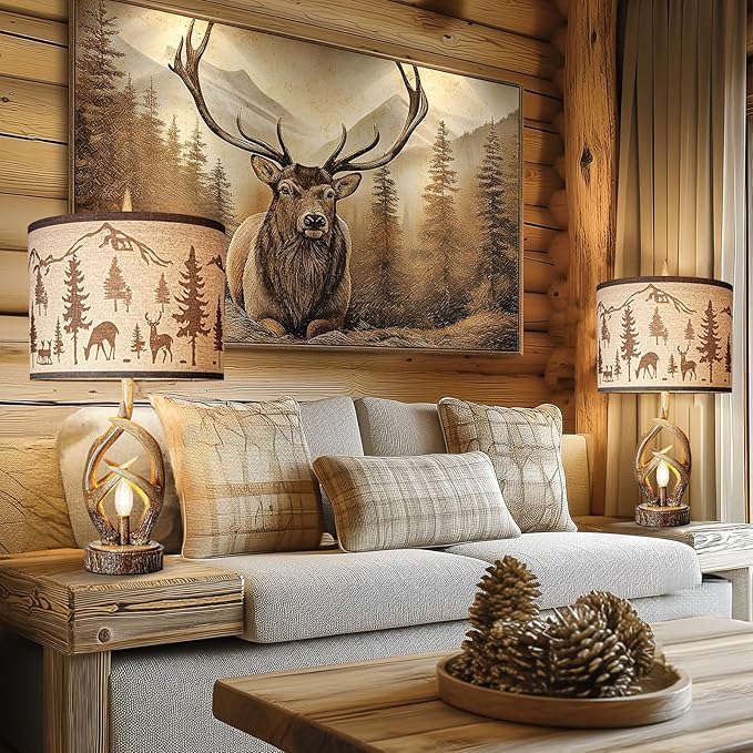 Scenekoy Antlers Style Table Lamp Set of 2 Rustic Bedside Lamp with Night Light Linen Fabric Shade Farmhouse Nightstand Lamps Decor for Living Room Bedroom House Home Office (Bulb Included) - Bloomnest