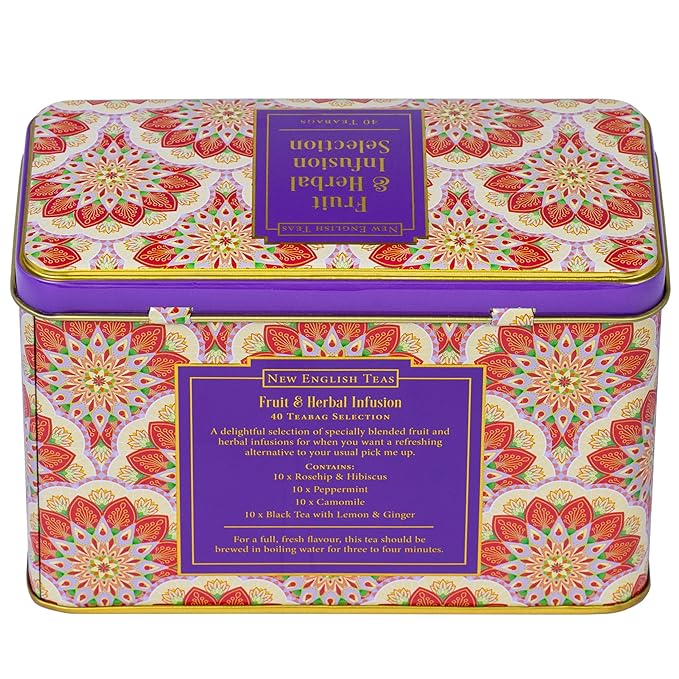 New English Teas Fruit and Herbal Tea in Tin with 40 Teabags - Rosehip & Hibiscus, Peppermint, Chamomile & Black Tea with Lemon & Ginger - Bloomnest