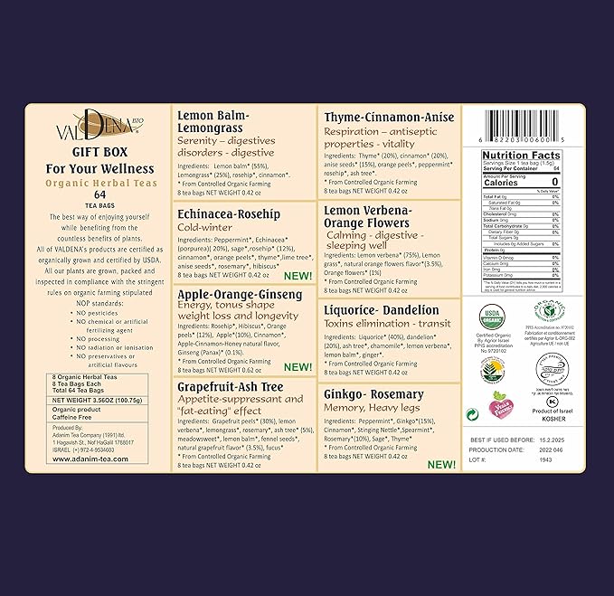Valdena Bio Organic Herbal Teas for Your Wellness Tea Sampler Gift 8 Flavors Assorted Tea Sets 64 Individually Wrapped Tea Bags Caffeine Free Variety Pack Christmas Tea Gift for Tea Lovers - Bloomnest