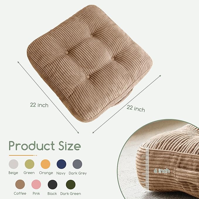 6" Washable Floor Pillow Cushion for Adults, Meditation Cushion Pillow, Large Square Floor Sitting, Removable Tufted Corduroy Cover, for Tatami Living Room or Yoga, 22x22 Inch, Machine Washable - Bloomnest