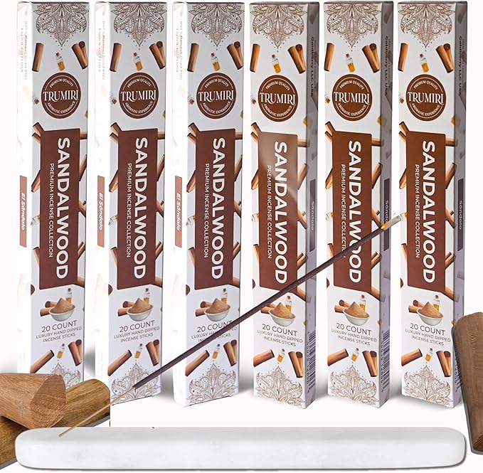 Sandalwood Incense Sticks - Incienso de Sándalo - Total 120 Insence-Sticks - 6 Packs of 20 Insense - Inciensos - Inscents - Natural Non Toxic Ingredients - Incents - Incence - Inscense - Insents TRUMIRI