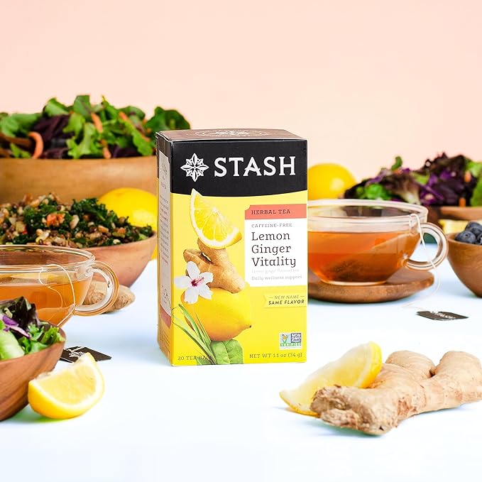 Stash Tea Lemon Ginger Vitality Herbal Tea - Naturally Caffeine Free, Non-GMO Project Verified Premium Tea with No Artificial Ingredients, 20 Count (Pack of 6) - 120 Bags Total - Bloomnest