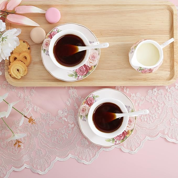 fanquare European Porcelain Coffee Set, Pink Women Tea Set, Bone China Tea Set, Vintage Floral Coffee Tea Pot with Cups - Bloomnest