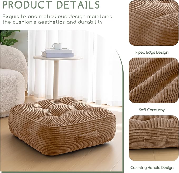 8" Washable Floor Pillow Cushion for Adults, Meditation Cushion Pillow, Large Square Floor Sitting, Removable Tufted Corduroy Cover, for Tatami Living Room or Yoga, 22x22 Inch, Machine Washable - Bloomnest