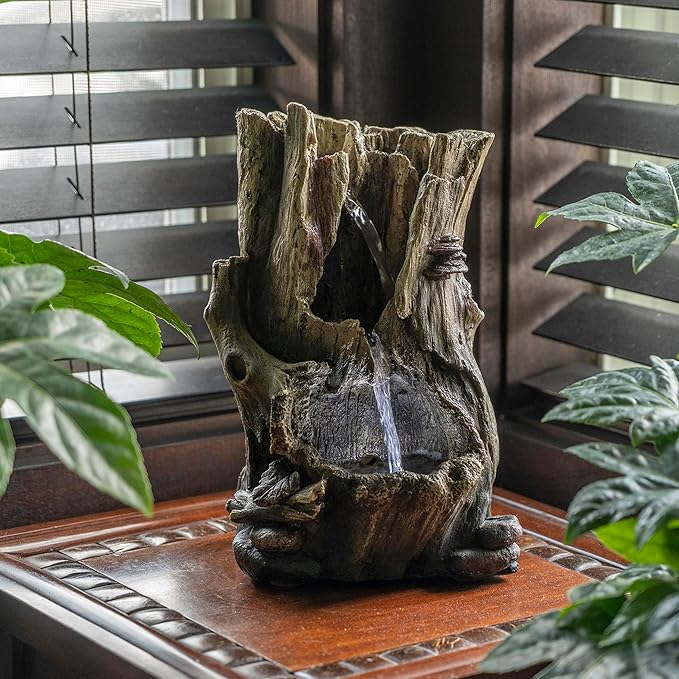 Alpine Corporation WIN326 Indoor Tabletop Light-Up Tiered Rainforest Tree Trunk Water Fountain with LED Lights, 11", Brown - Bloomnest