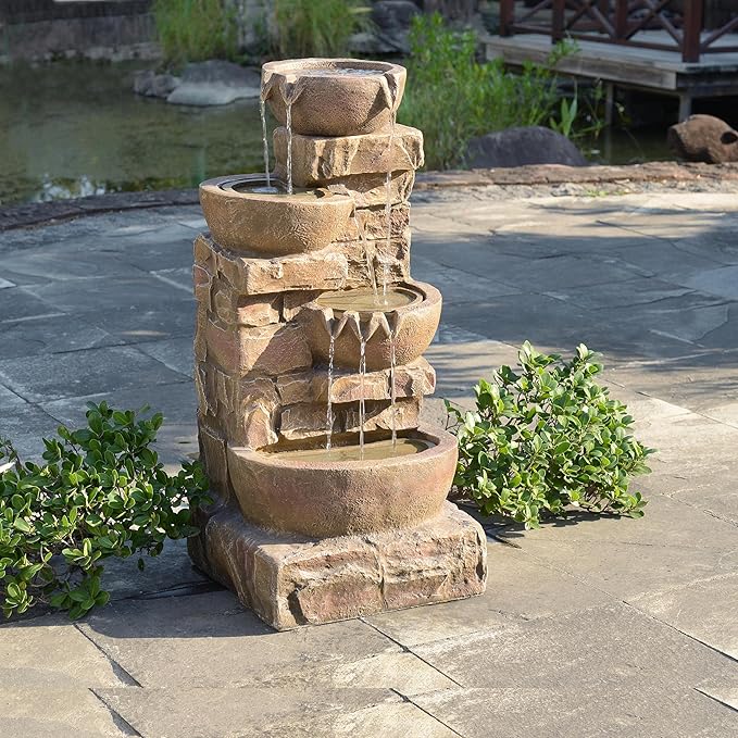 Teamson Home 33.27" Outdoor Freestanding Water Fountain with LED Lights, Cascading Bowls & Stacked Stones, Floor Fountain for Patio, Garden, Balcony, Lawn, Yard Decor, Brown Polyresin - Bloomnest