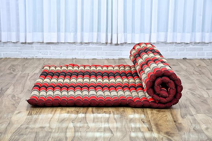 Leewadee - Foldable Floor Mattress - Japanese Roll Up Futon -Trifold Tatami Mat- Guest Floor Bed - Camping Mattress - Thai Massage Mat, Kapok Filled, 75 x 57 inches, Red - Bloomnest