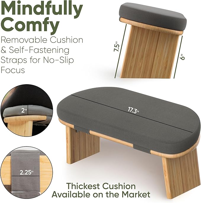 Meditation Chair w/ Extra Thick Cushion - Portable Bamboo Meditation Bench w/ Magnetic Locking Hinge - Anterior Tilt Seiza Bench Ideal for Comfortable & Stable Meditation - Sleek Canvas Kneeling Chair - Bloomnest