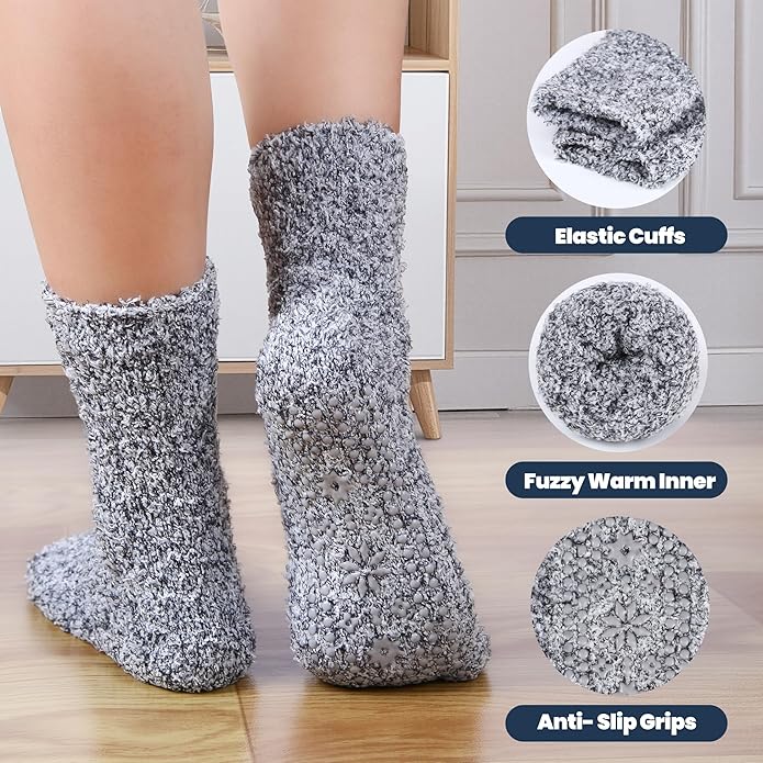HUGSWEET 6 Pairs Thick Fuzzy Socks with Grip Cozy Non Slip Hospital Socks Home Fluffy Warm Slipper Socks Gifts for Women - Bloomnest