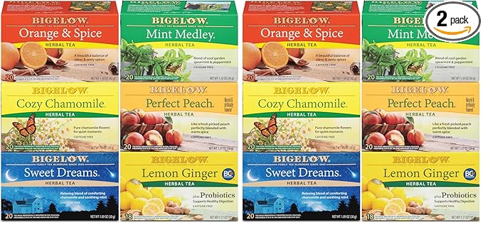 Bigelow Tea Caffeine Free 6 Flavor Herbal TeaVariety Pack, DecafTea with Mint Medley, Cozy Chamomile, Orange and Spice, Sweet Dreams, Perfect Peach, and Lemon Ginger, 118 Count (Pack of 12) - Bloomnest