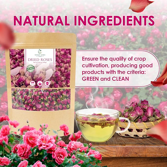 Nhat Anh Farm - Premium Dried Rose Buds - 3.5oz (100g) Dried Rose Buds Natural & Pure, Sugar/Caffeine/Gluten Free - For Making Tea - Bloomnest