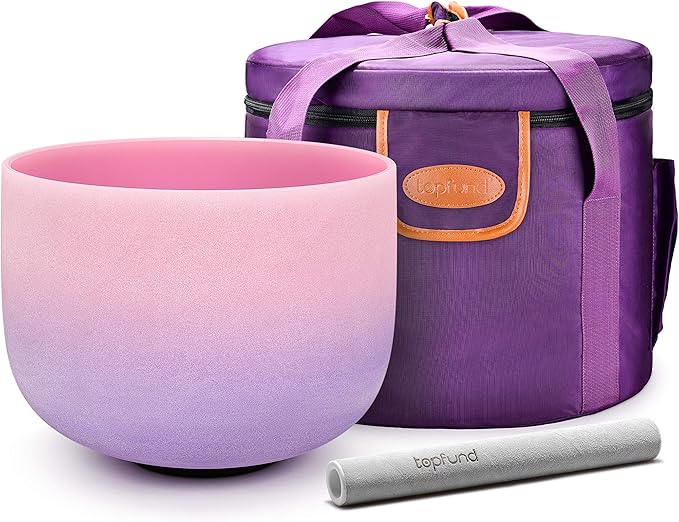 TOPFUND Pink Purple F Note Crystal Singing Bowl Heart Chakra 10 inch with Heavy Duty Carrying Case and Suede Mallet