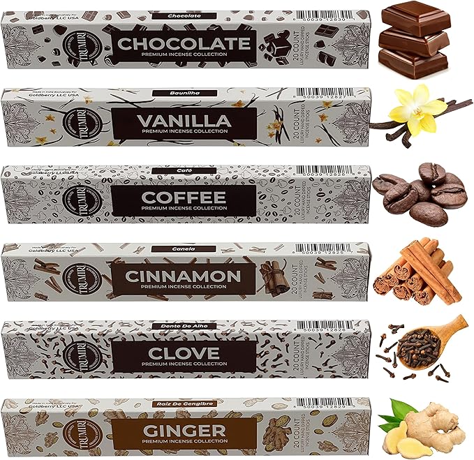 Gourmet Incense Sticks Variety Pack - 120 Insence-Sticks (6 Incents x 20 Insense) - Cinnamon Vanilla Coffee Chocolate - Natural Inscents-Sticks Non Toxic Inciensos + Incense Holder for Fall Christmas - Bloomnest